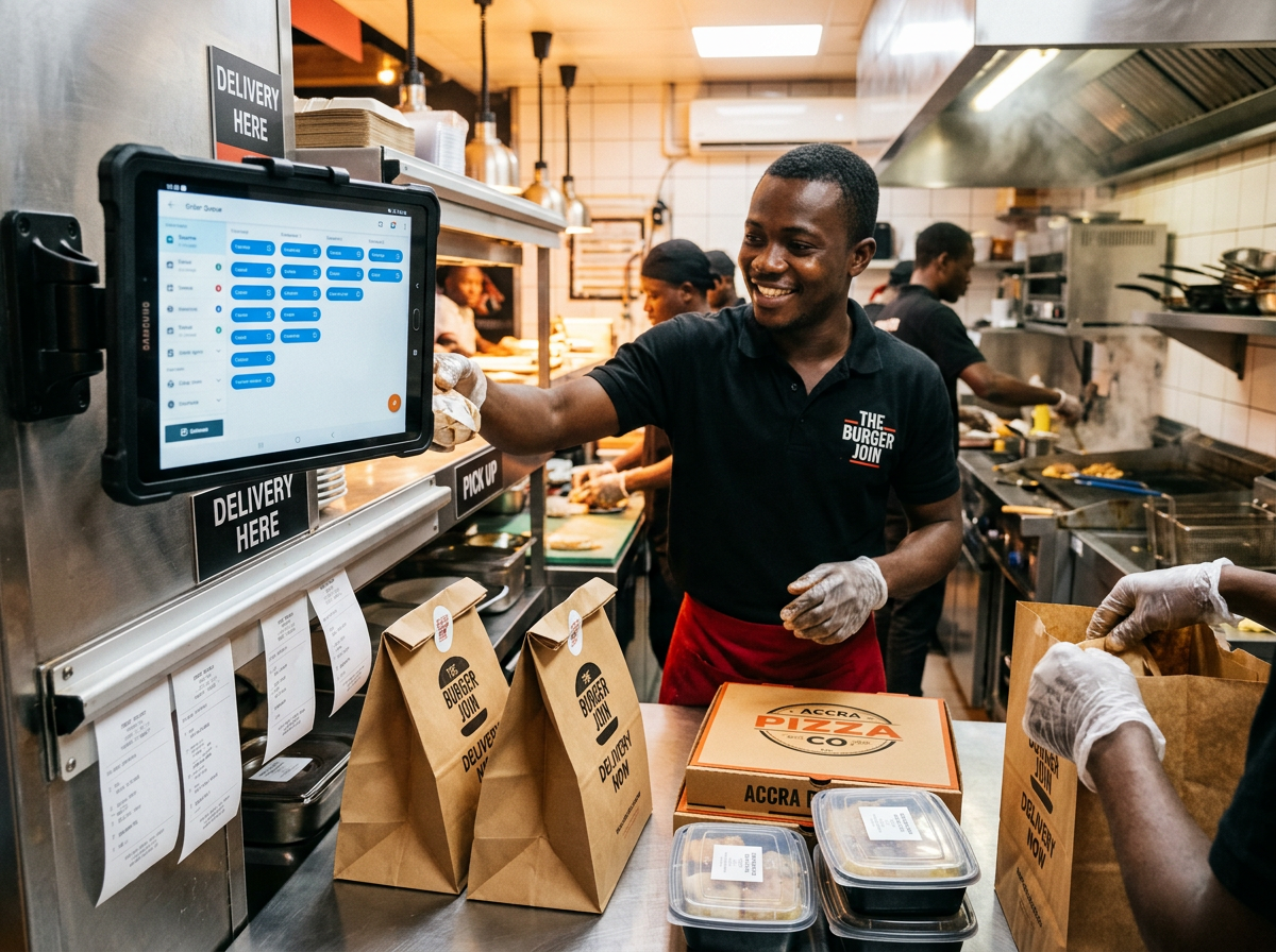 A busy restaurant kitchen pass with a tablet showing the live order queue and packaged orders ready for delivery