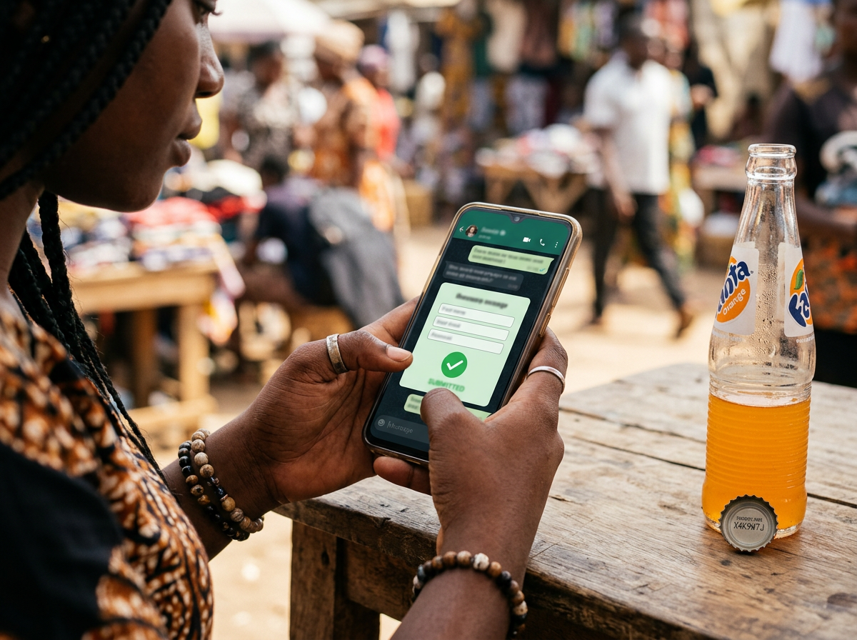 A customer entering a competition from a chat on her phone, a promotional drink bottle on the table beside her