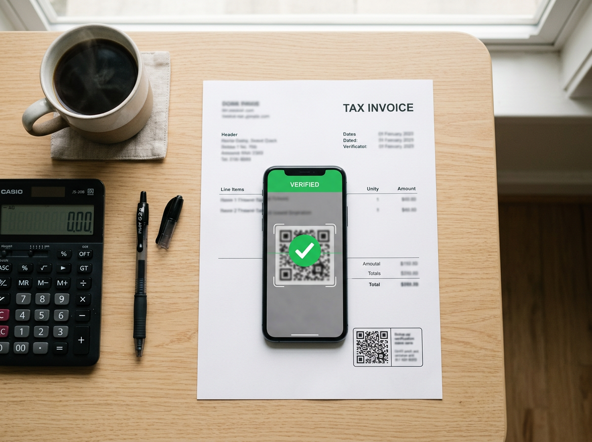 A printed tax invoice with a QR code being scanned by a smartphone that shows a green check