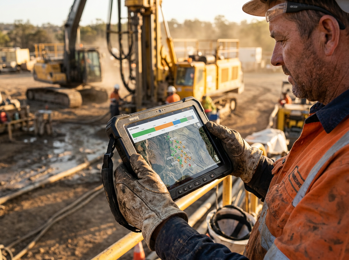 A driller in a hi-vis vest holding a rugged tablet showing a shift timeline and a map of drill holes